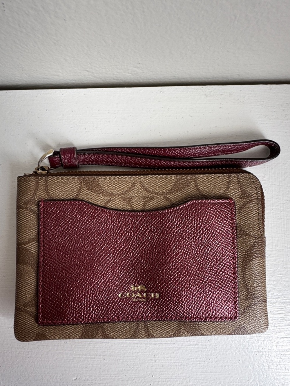 Coach Brown Signature Wristlet with Burgundy Leather Pocket